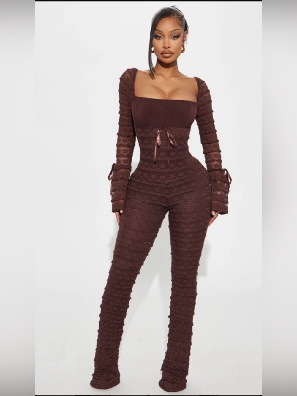 NWT Espresso Lace-Texture Long Sleeve Jumpsuit- XS